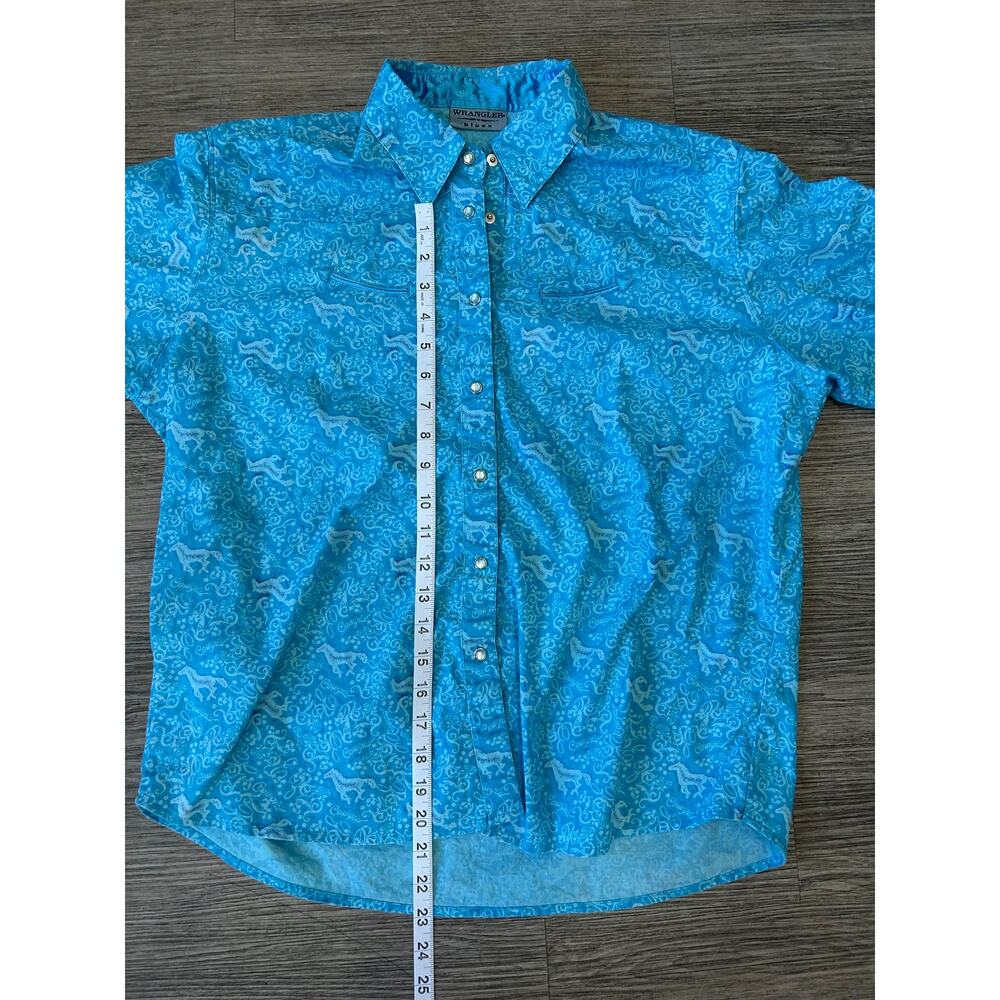 Wrangler Blues Shirt Large L Womens Blue Cowgirl Horse Print Western Pearl Snap - Picture 5 of 7